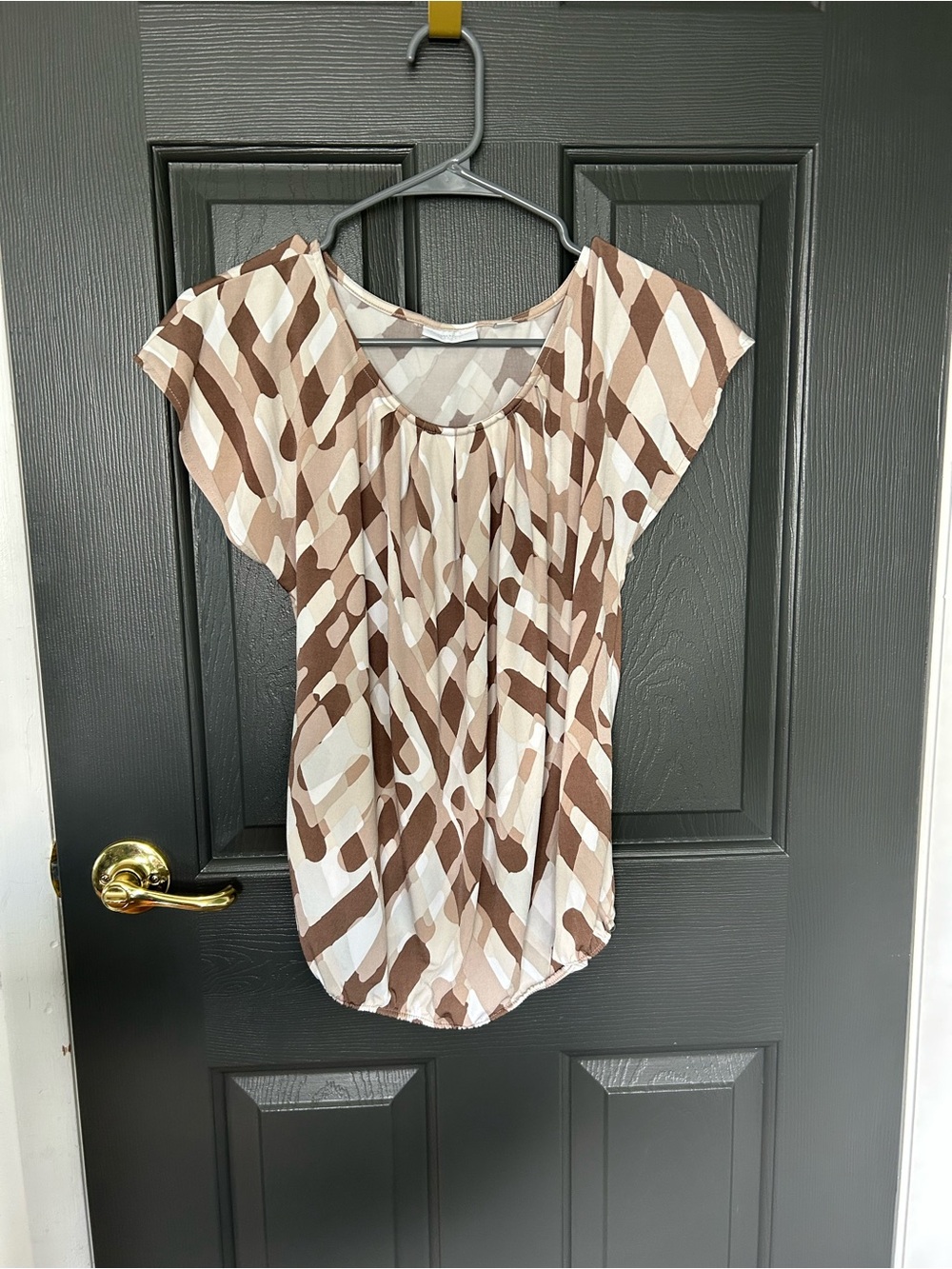 New York & Company Brown and Cream Abstract Print Blouse